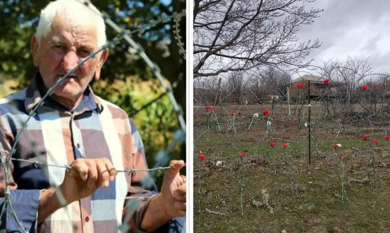 Соболезнования у линии оккупации и колючая проволока, украшенная гвоздиками в честь дедушки Даты  - Эмоциональное фото из Хурвалети