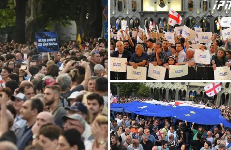 Гимны Грузии и ЕС и гигантские флаги – кадры с проспекта Руставели, где проходит акция «Домой в Европу» (фото, видео)