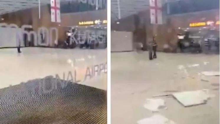 В результате сильного дождя затопило кутаисский аэропорт, поврежден потолок, перенесены рейсы - какова ситуация на месте (видео)